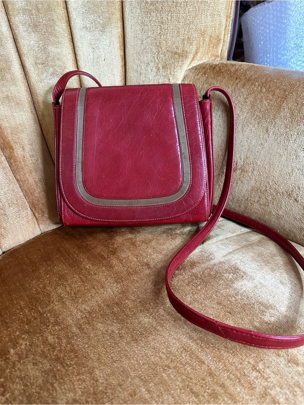 Vintage 80s 90s Linda Allard for Ellen Tracy Red Leather Bag with Gold Mesh